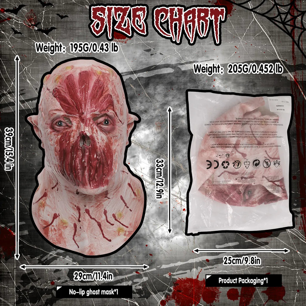 Size graphic shows the pink horror mask and its retail package dimensions.