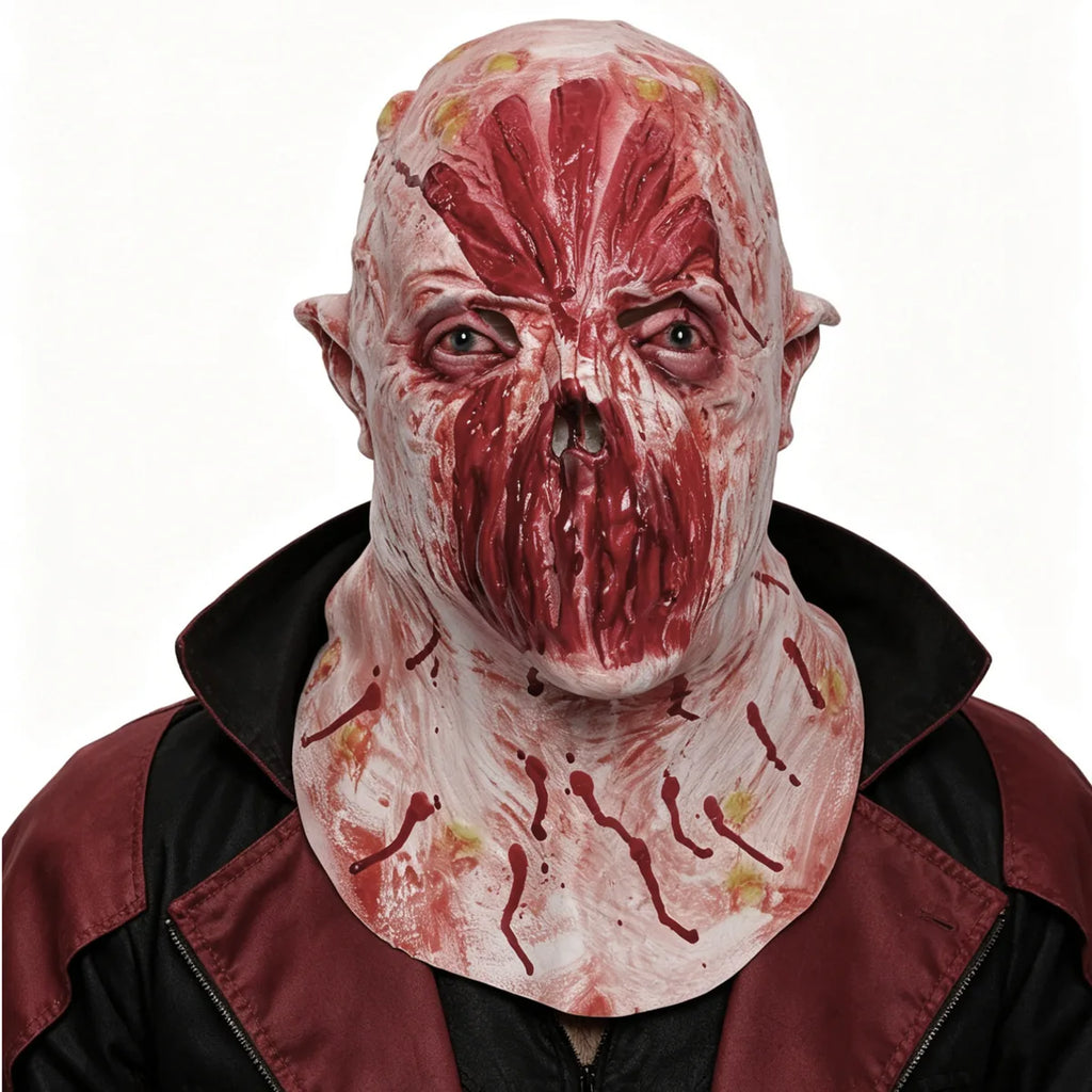 Adult wears the pink horror mask with a dark red costume collar.