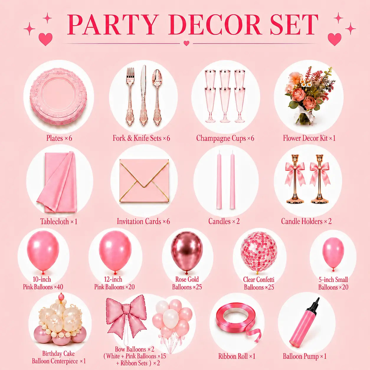 Pink party decor set with tableware, champagne cups, flower decor, candles, invitation cards, balloon centerpiece and pink balloons for bridal shower, engagement party and bachelorette party