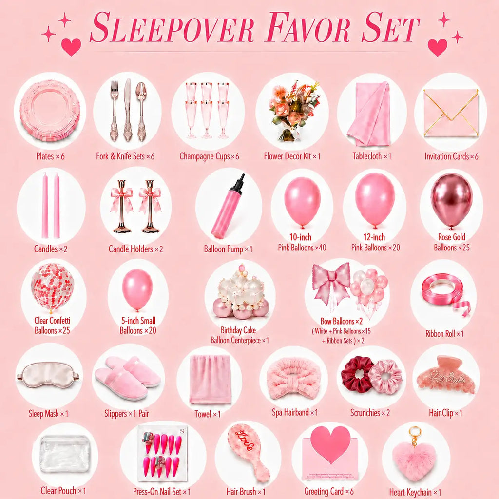 Pink bridal shower party favor set with tableware, balloons, sleep mask, slippers, towel and spa gifts