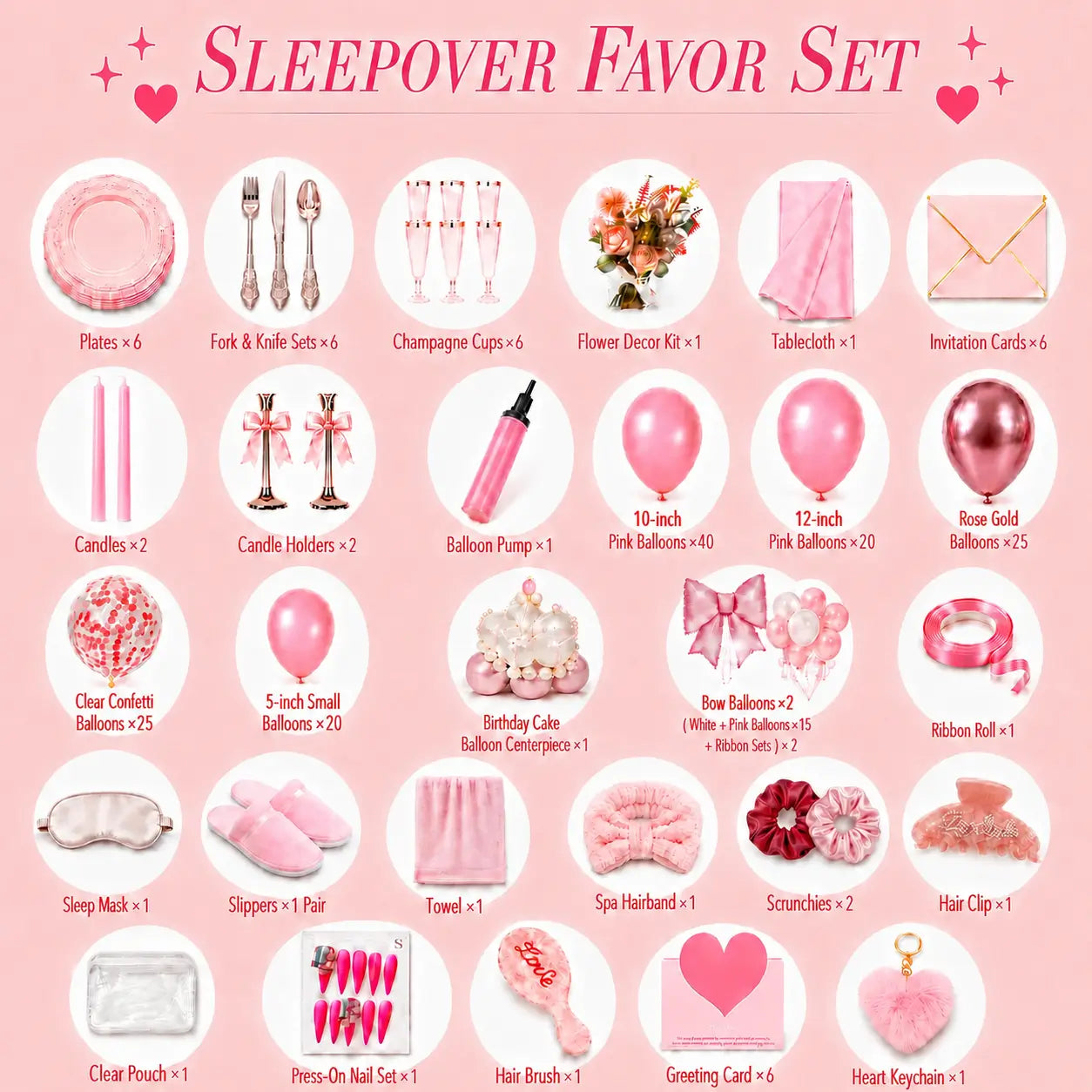 Pink party favor and decor set with tableware, balloons, sleep mask, slippers, towel, spa headband, scrunchies, hair clip and gifts for bridal shower, bachelorette, engagement and girls night party