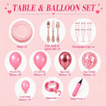 Pink party table and balloon set with plates, rose gold cutlery, champagne cups, pink balloons, ribbon roll and balloon pump for bridal shower, engagement, bachelorette and girls party