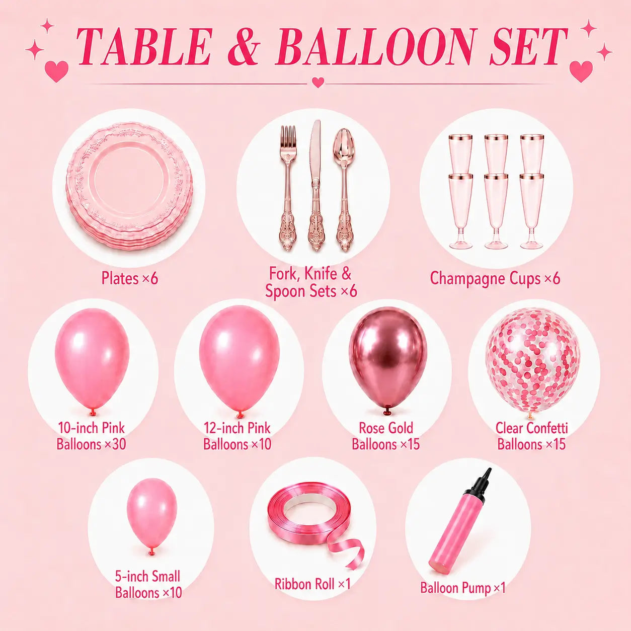Pink party table and balloon set with plates, rose gold cutlery, champagne cups, pink balloons, ribbon roll and balloon pump for bridal shower, engagement, bachelorette and girls party