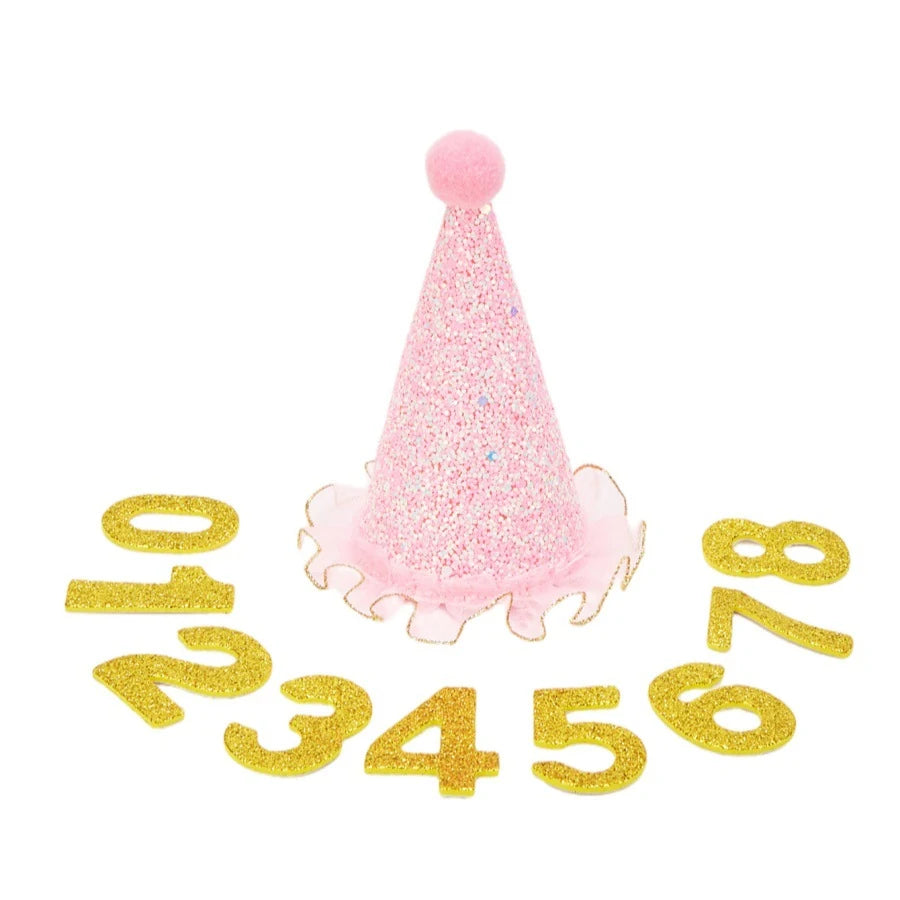 Pink pet birthday hat with gold number stickers for custom age photos