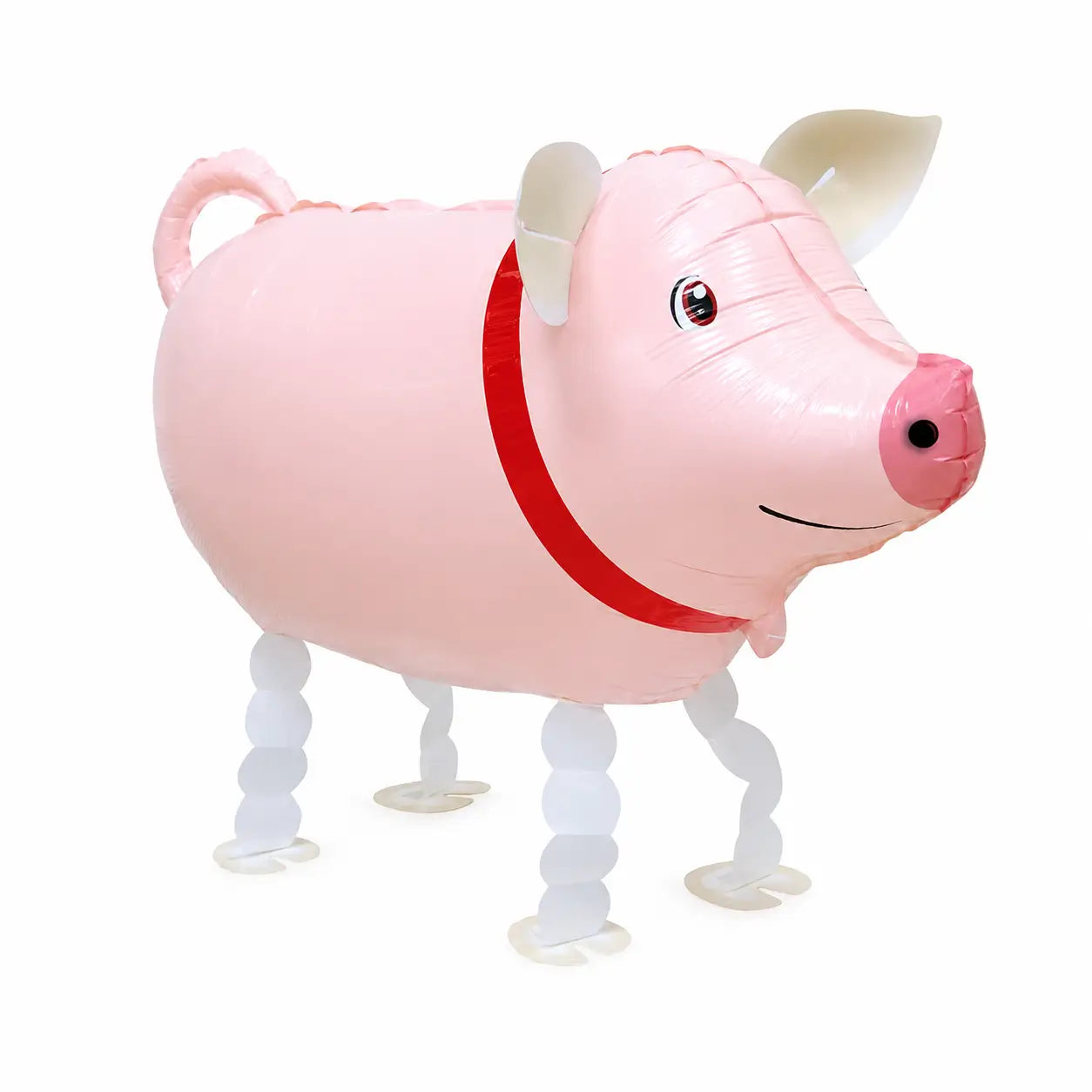 Pink pig walking balloon toy on white background