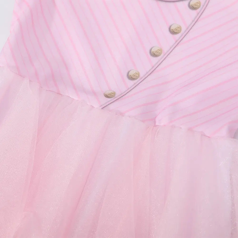 Close-up of pink princess dress bodice with striped fabric, decorative buttons, and layered tulle skirt detail.