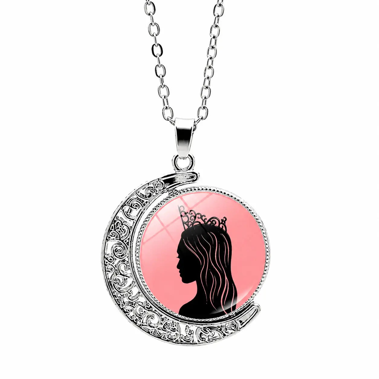 Silver moon pendant necklace with pink princess silhouette charm and chain on a white background.
