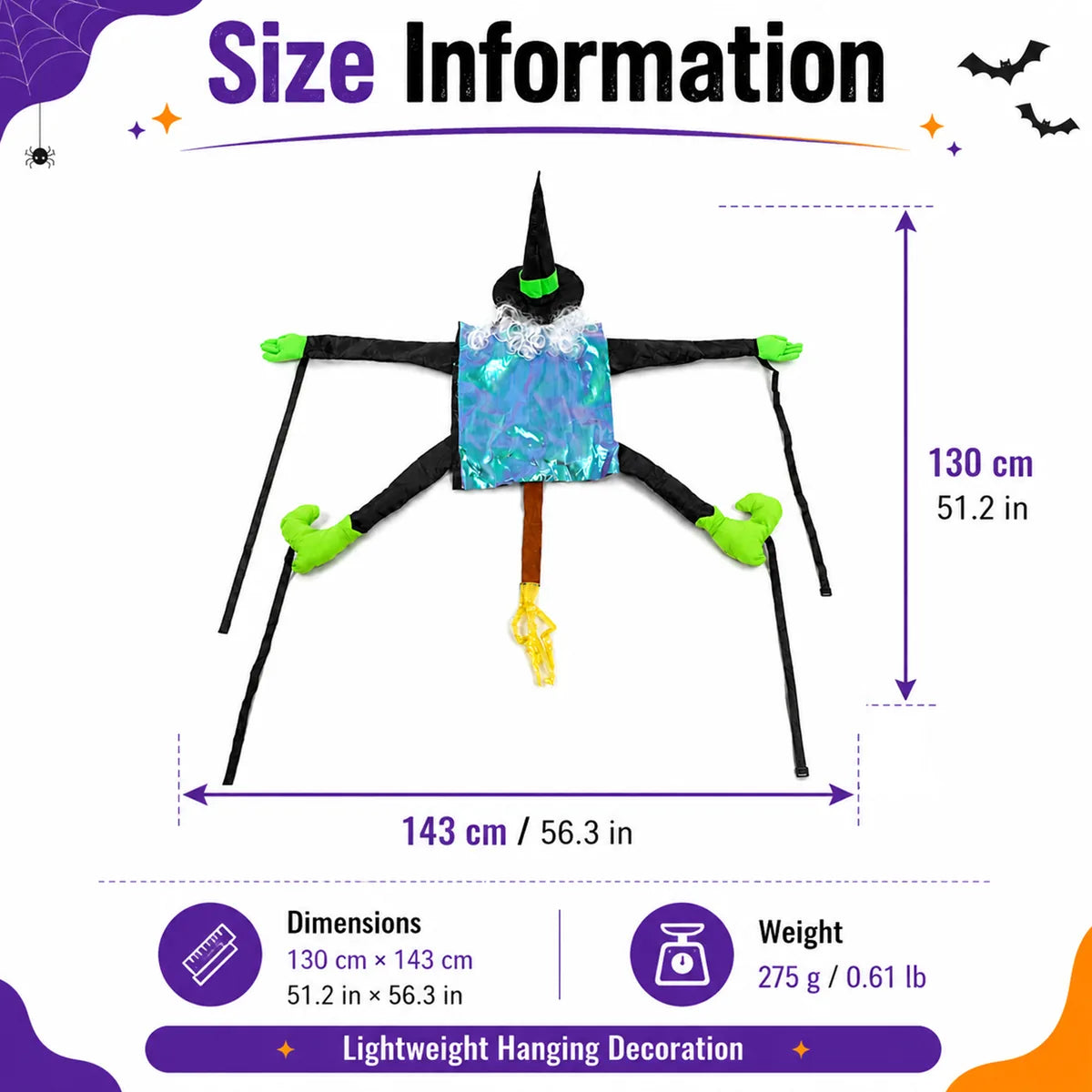 Size graphic shows the pink princess tree-hugging witch dimensions and weight.