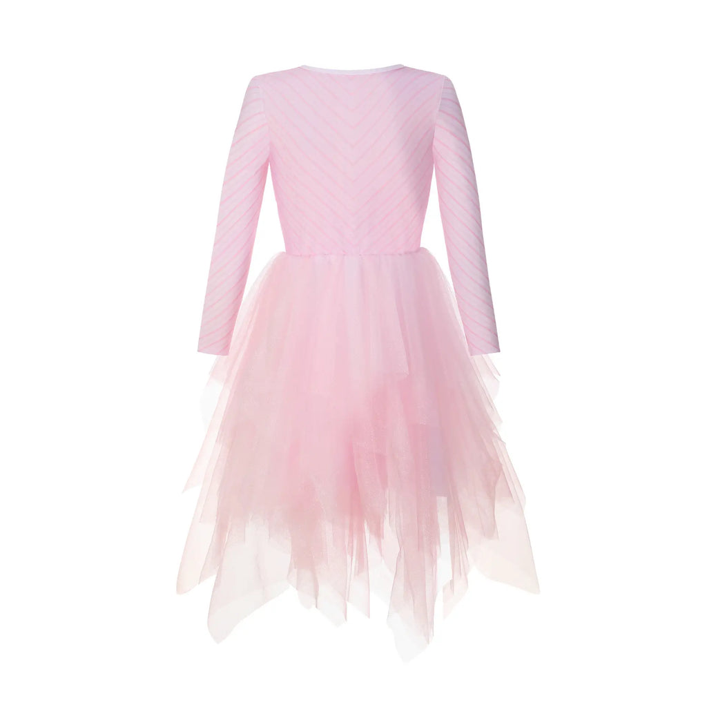 Pink princess tulle dress back view with long sleeves, striped bodice, and layered sheer skirt for costume parties and dress-up play.