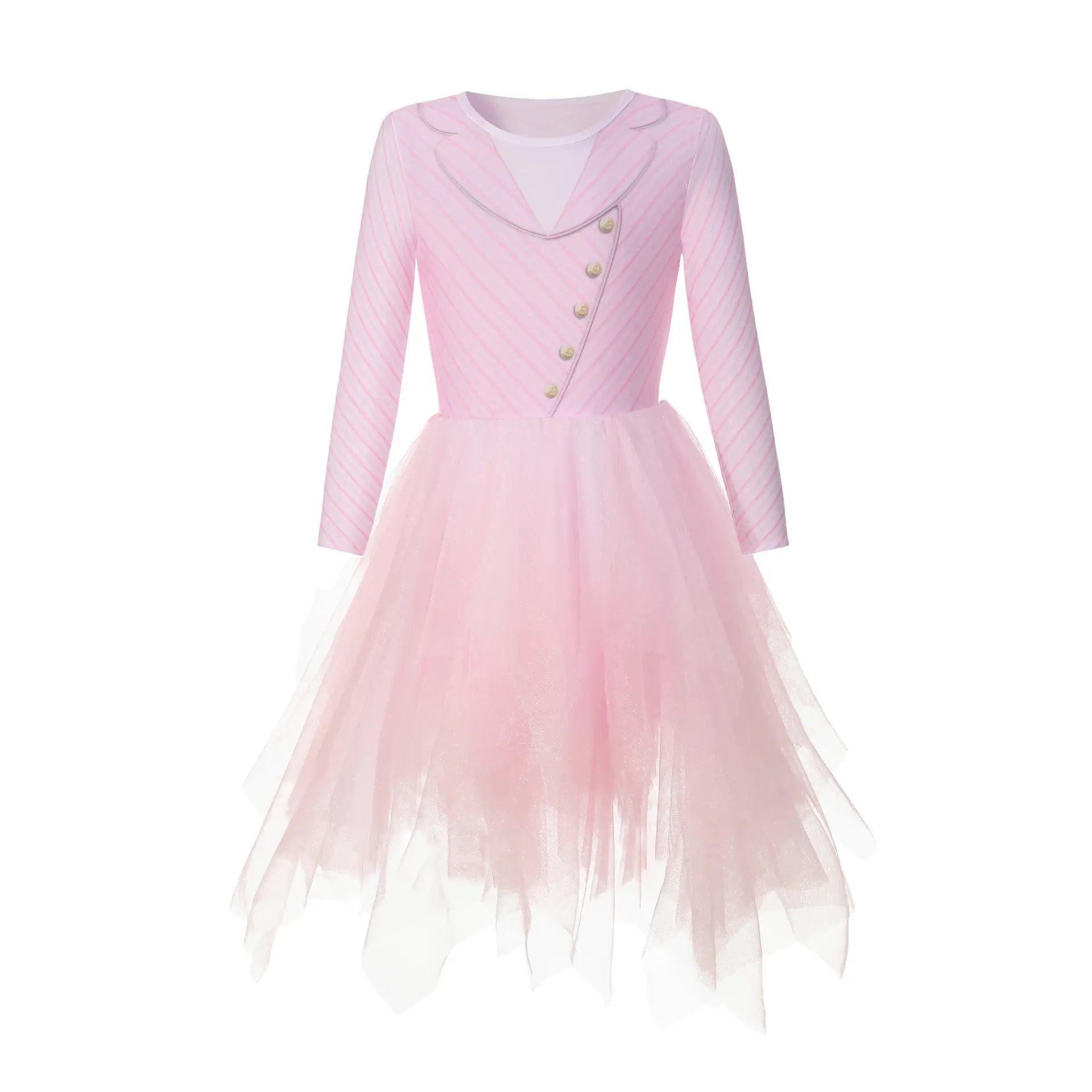 Pink princess tulle dress front view with long sleeves, striped bodice, decorative buttons, and layered sheer skirt for dress-up play.