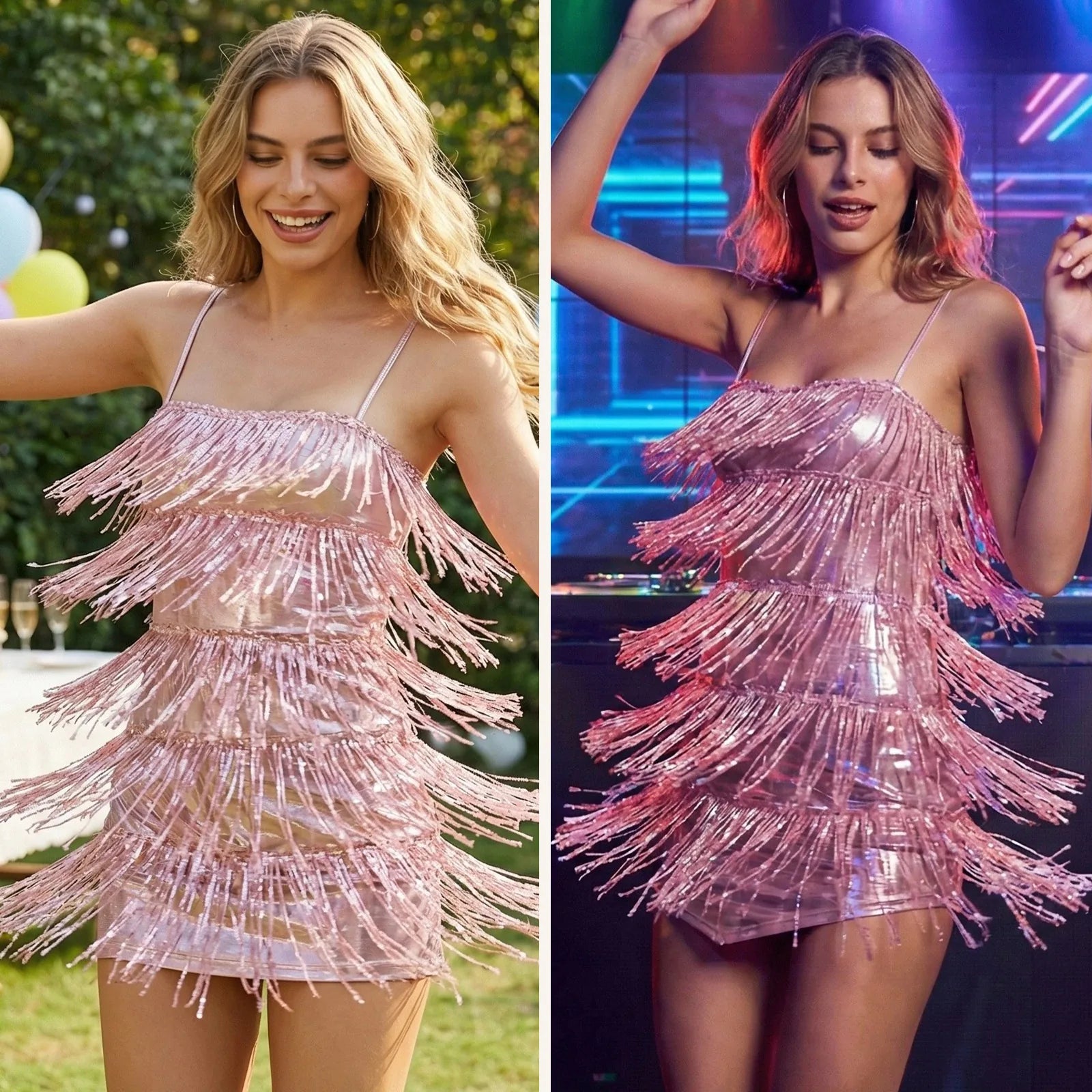 Side-by-side scenes show a woman wearing the pink sequin fringe cami mini dress at an outdoor celebration and under nighttime party lights.