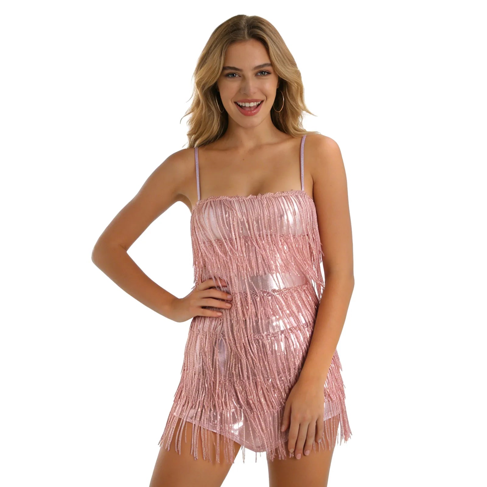 A woman models the pink sequin fringe cami mini dress in a relaxed front pose against a white background.