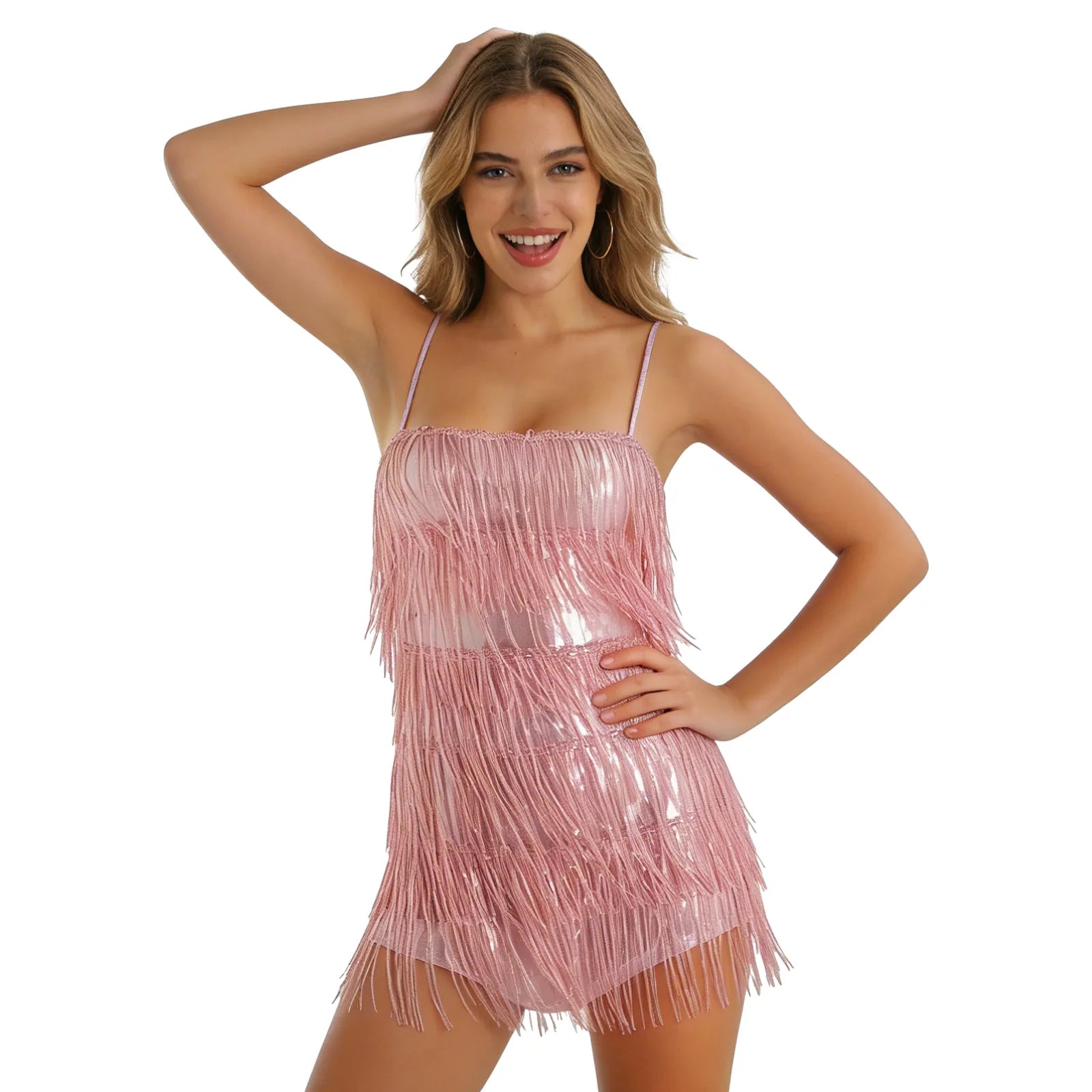 A woman models the pink sequin fringe cami mini dress in a closer waist-up front pose against a white background.