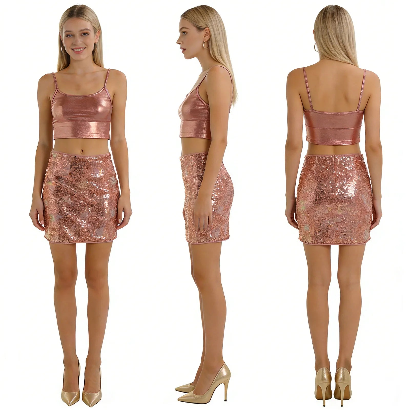 A model shows the back of the rose gold sequin mini skirt against a white background, highlighting its rear silhouette.