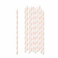 Pink and white striped paper straws arranged on a clean white background.