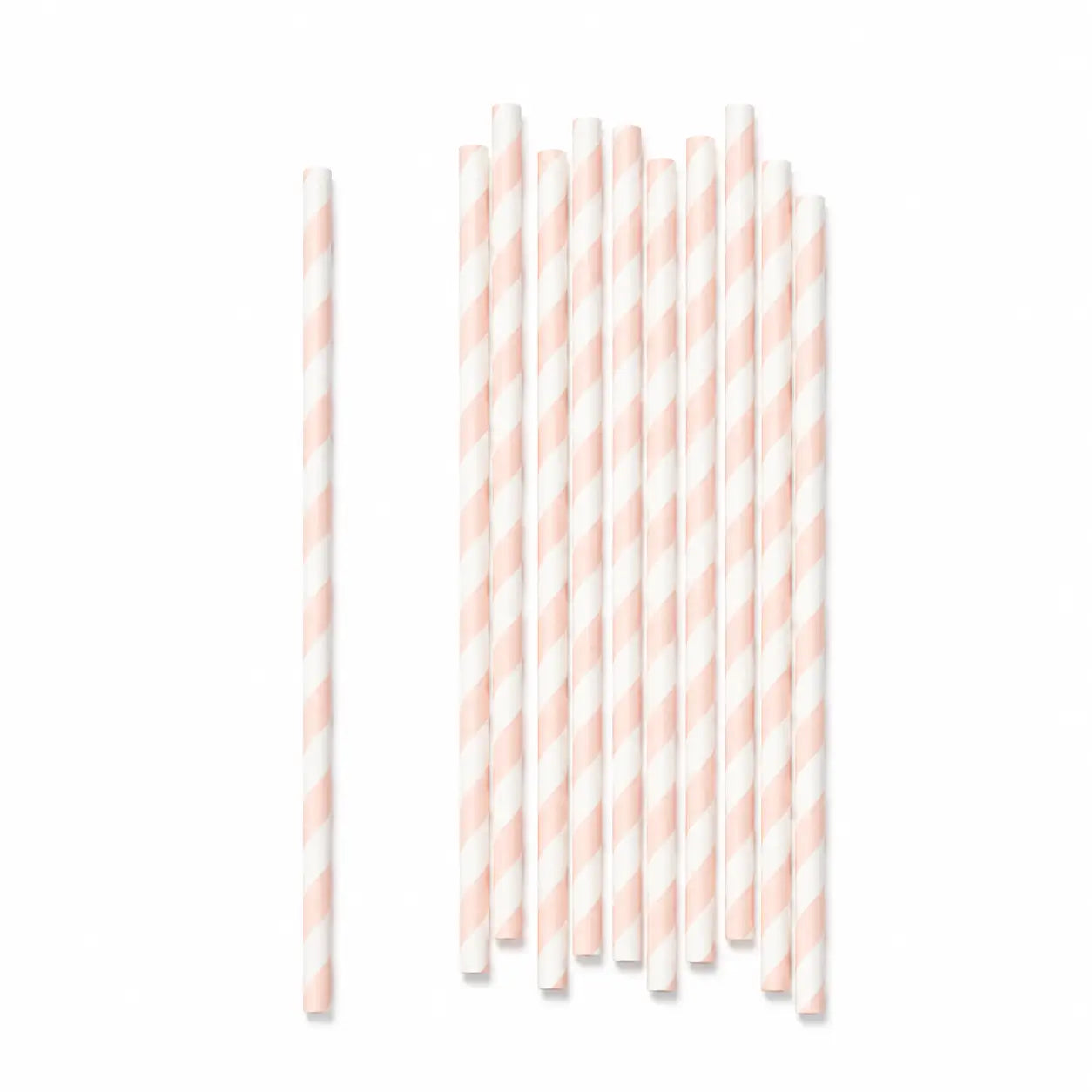 Pink and white striped paper straws arranged on a clean white background.