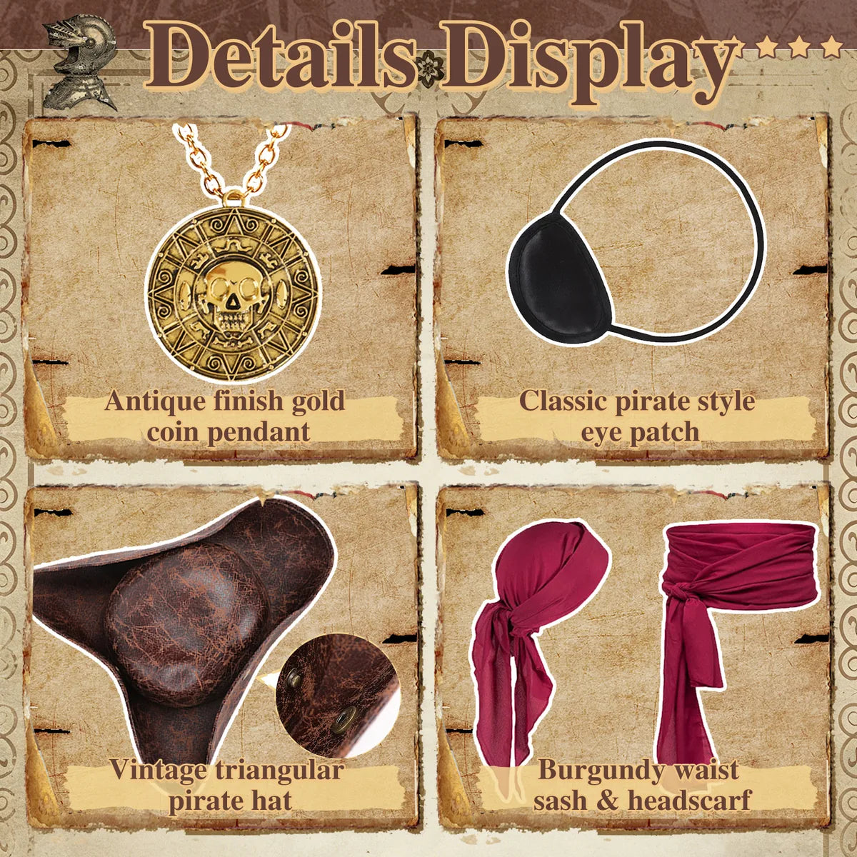 Close-up details of the pirate costume accessories set, showing visible texture, color, and construction.