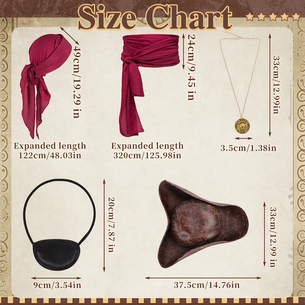 Dimension chart for the pirate costume accessories set, showing the listed product measurements and scale.