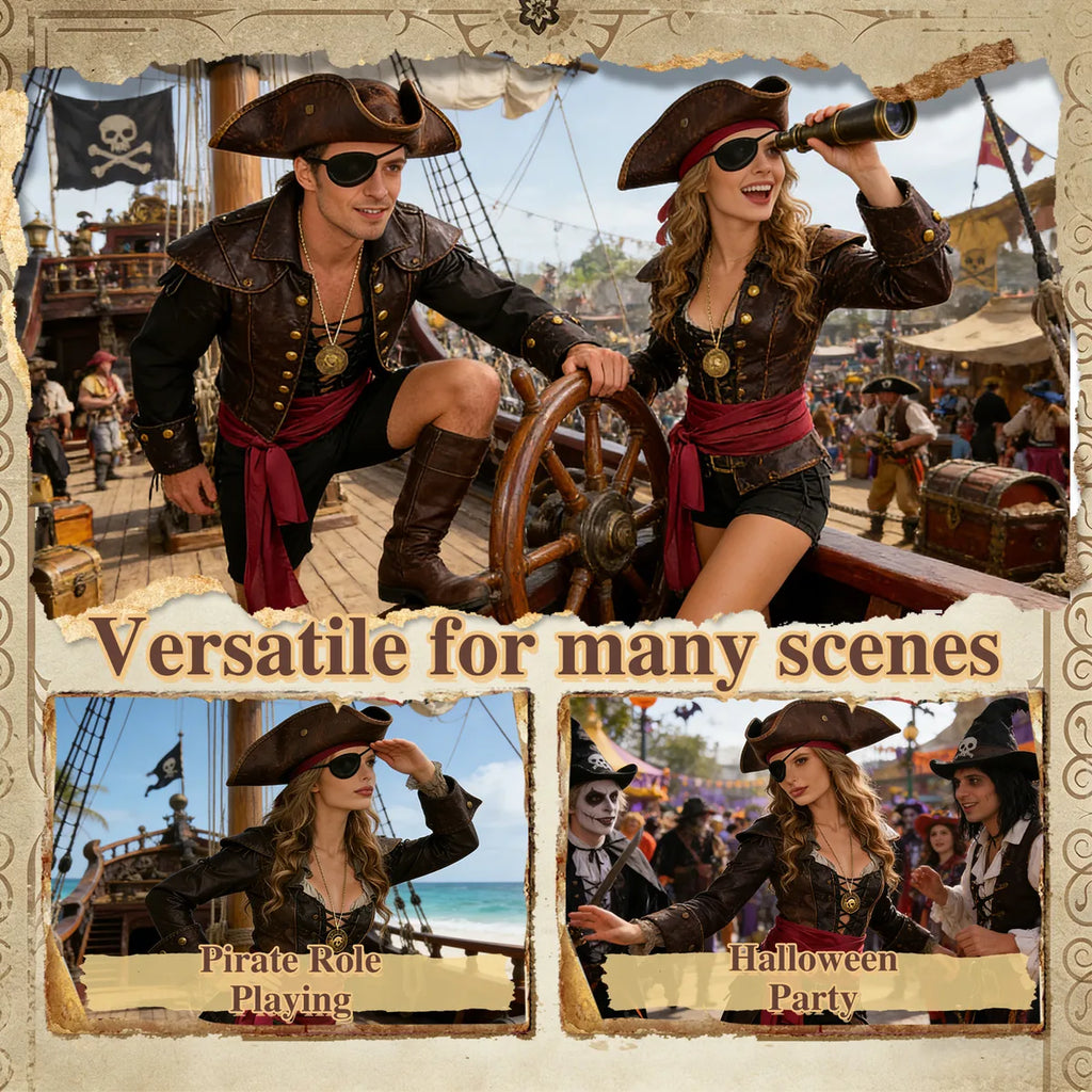 The pirate costume accessories set shown across several styled Halloween and event display scenes.