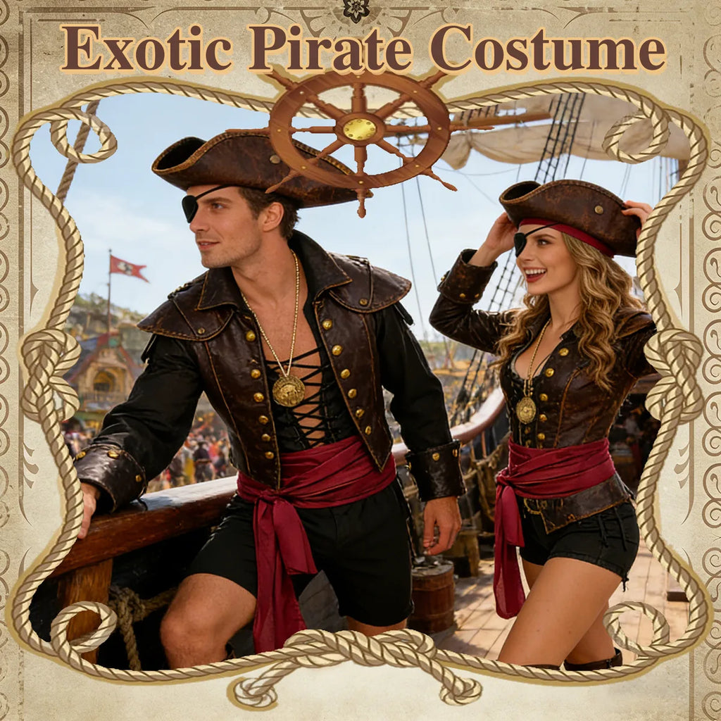 The pirate costume accessories set displayed in a styled Halloween scene for visual context.