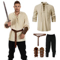 Pirate costume for men with khaki shirt with black pants, four-piece costume front view
