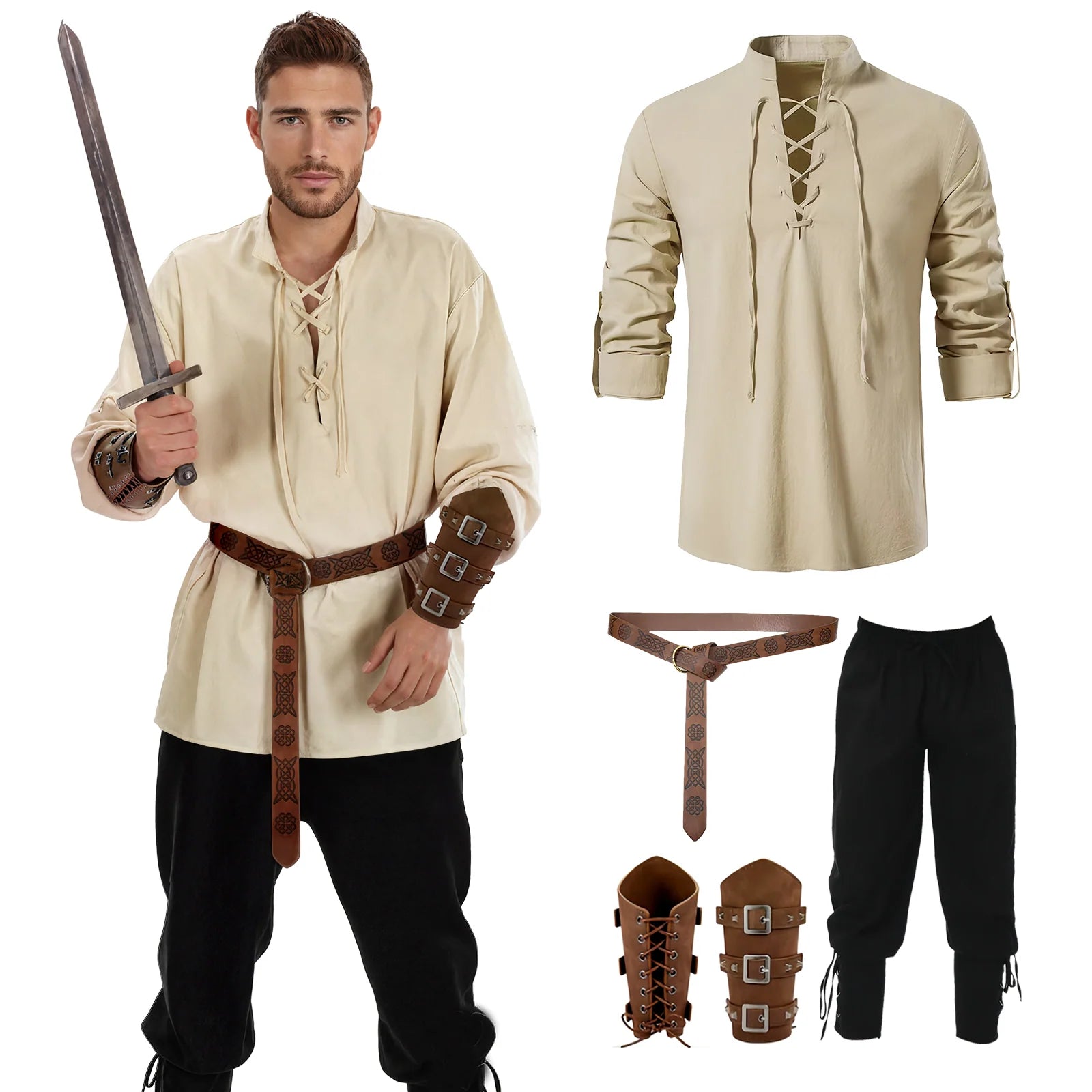 Pirate costume for men with khaki shirt with black pants, four-piece costume front view