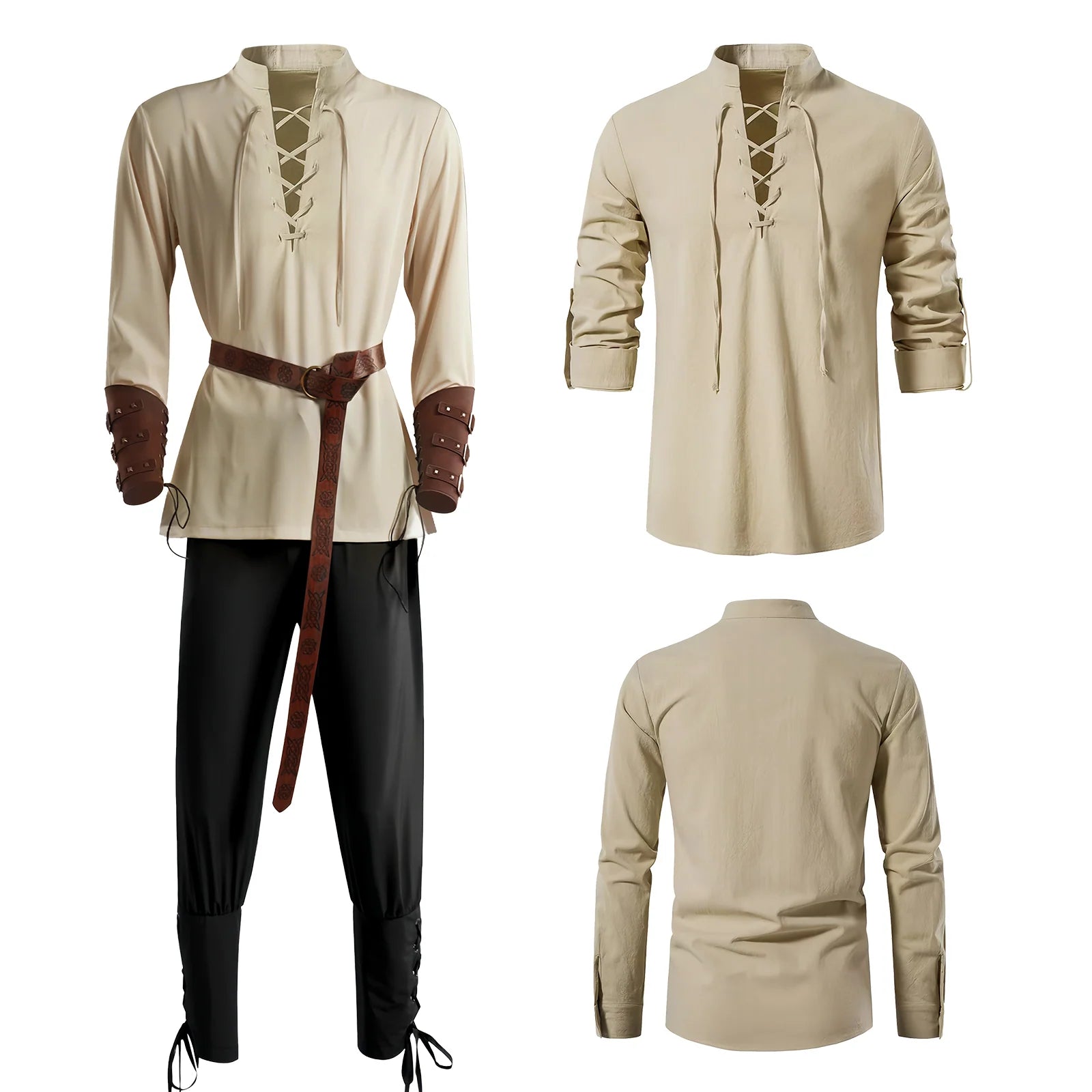 Pirate costume for men with khaki shirt with black pants, costume shown from multiple angles