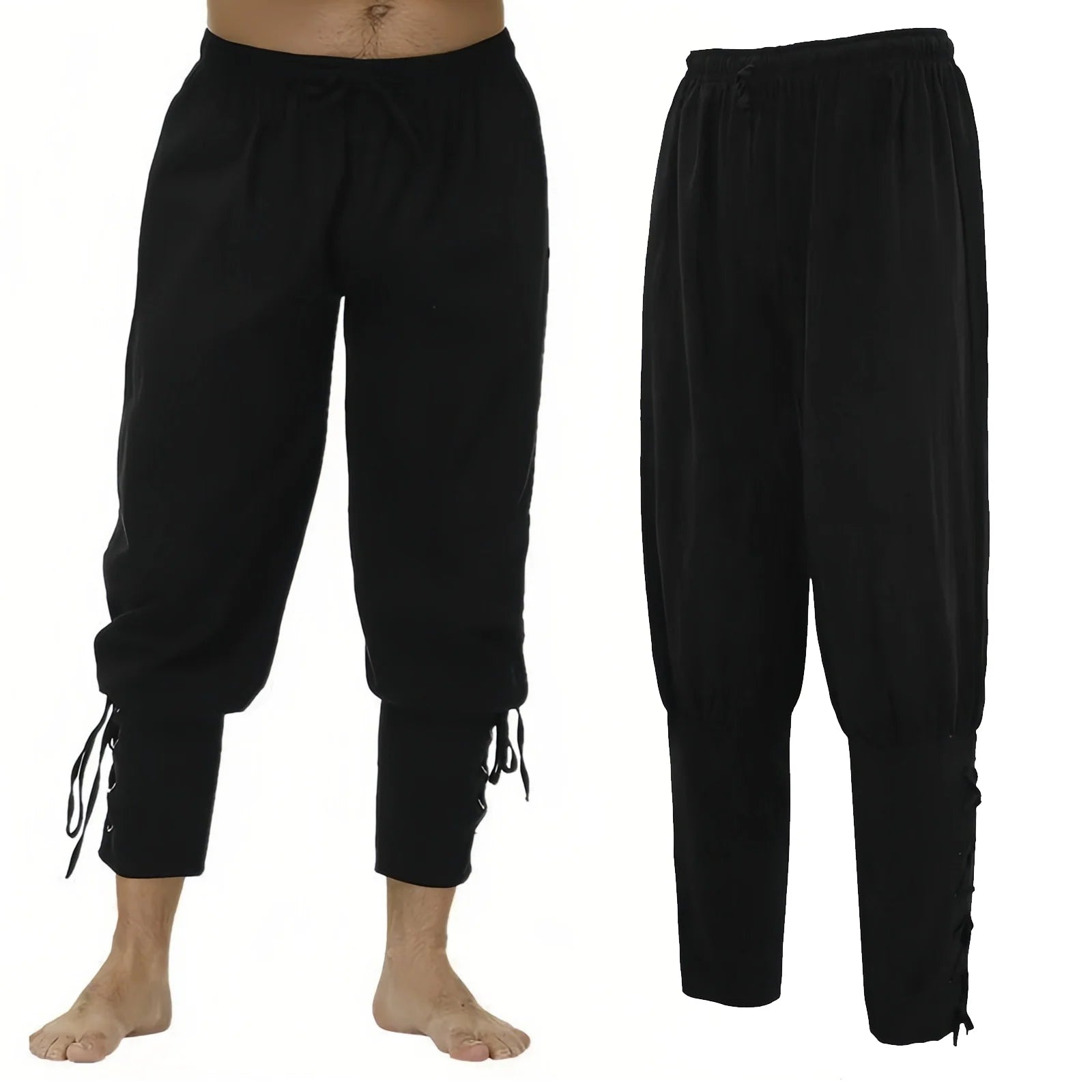 Pirate costume for men with khaki shirt with black pants, Renaissance pirate outfit poses