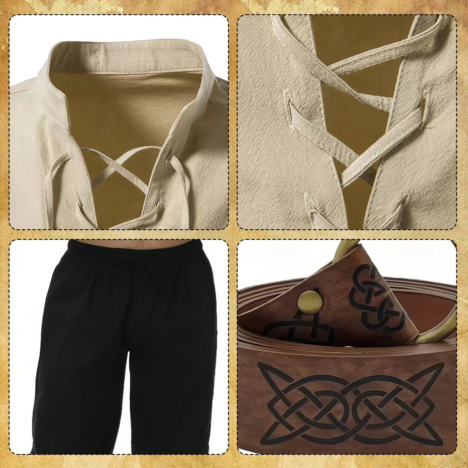 Pirate costume for men with khaki shirt with black pants, lace-up shirt, belt and bracer details