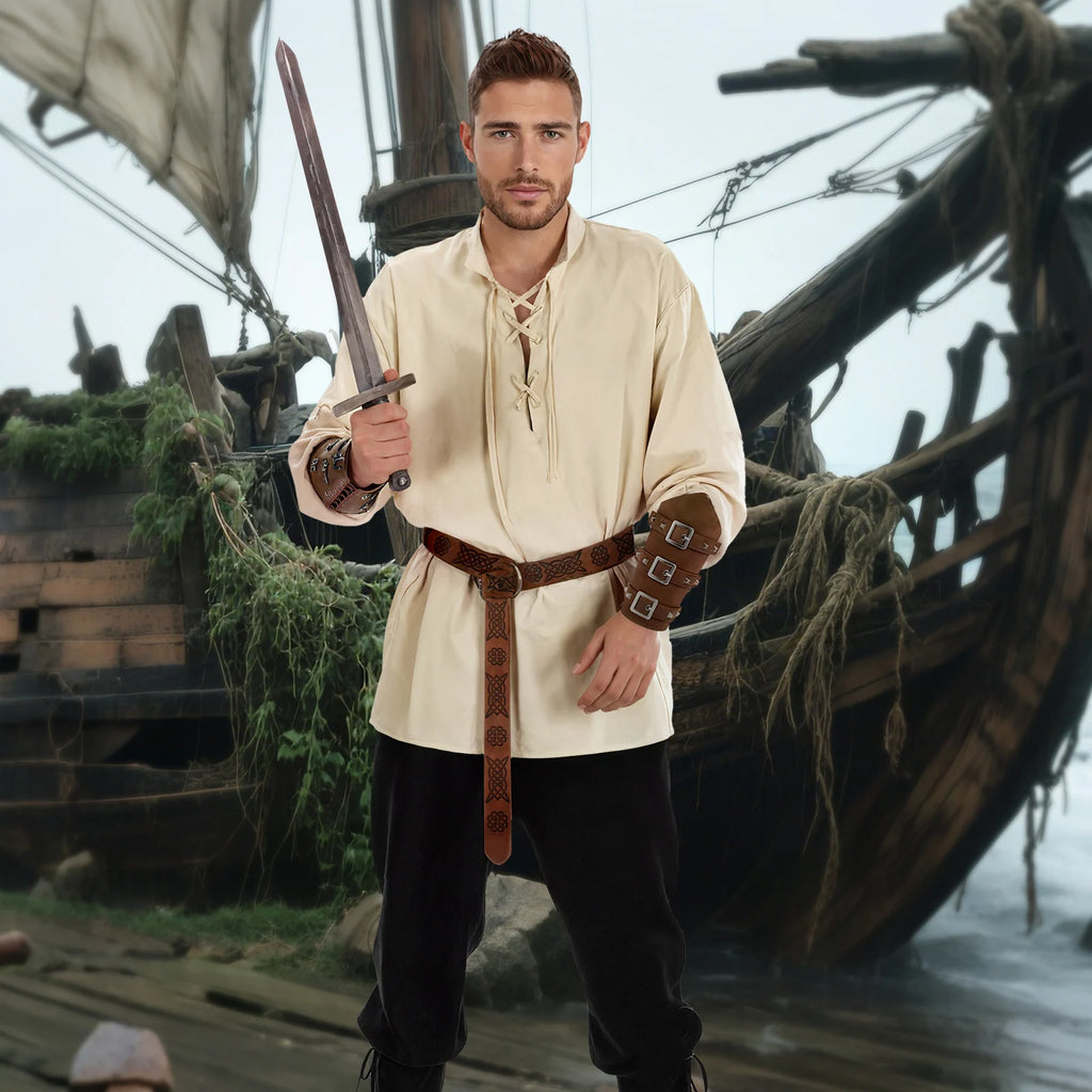 Pirate costume for men with khaki shirt with black pants, medieval pirate costume lifestyle scene