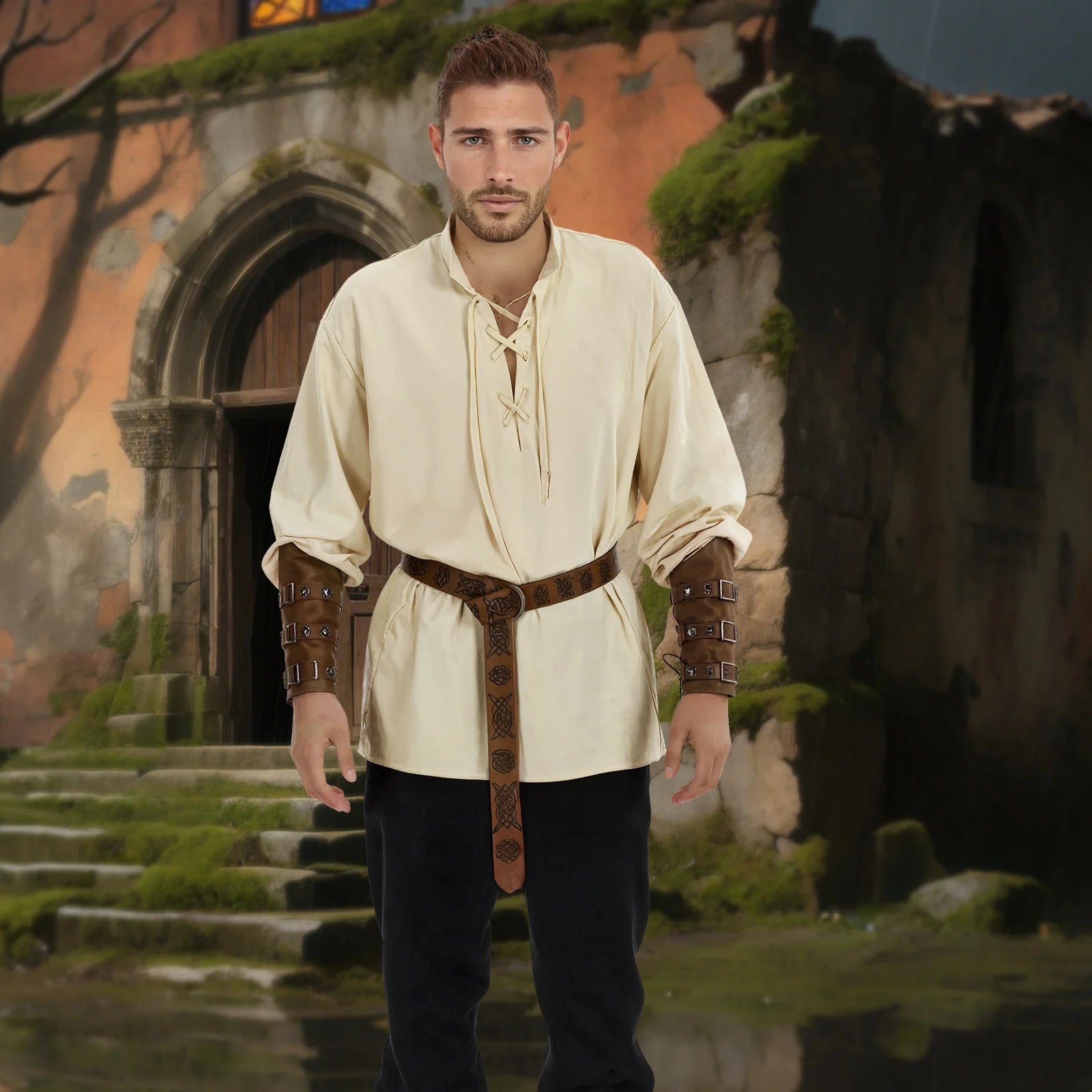 Pirate costume for men with khaki shirt with black pants, Renaissance fair costume scene