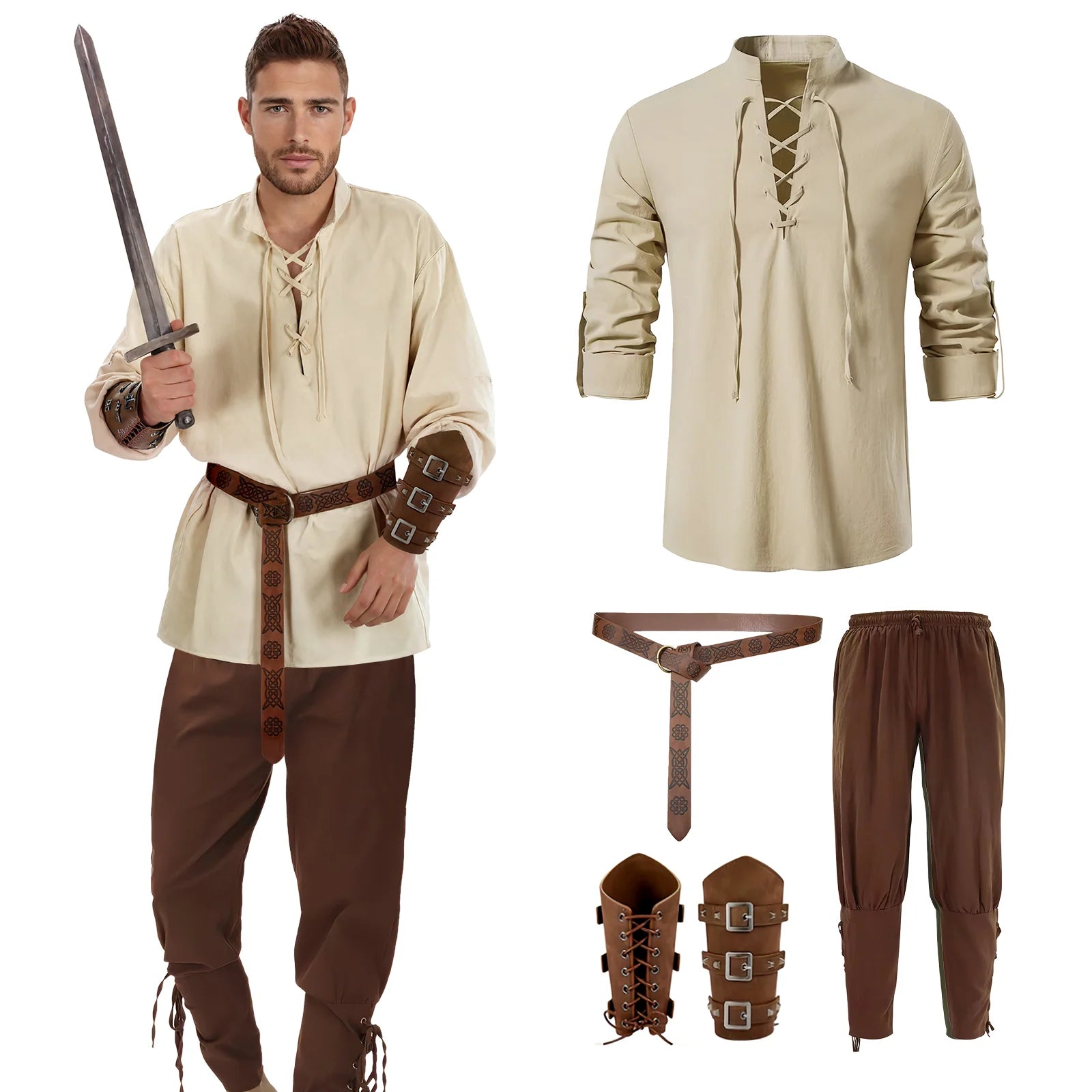 Pirate costume for men with khaki shirt with brown pants, four-piece costume front view