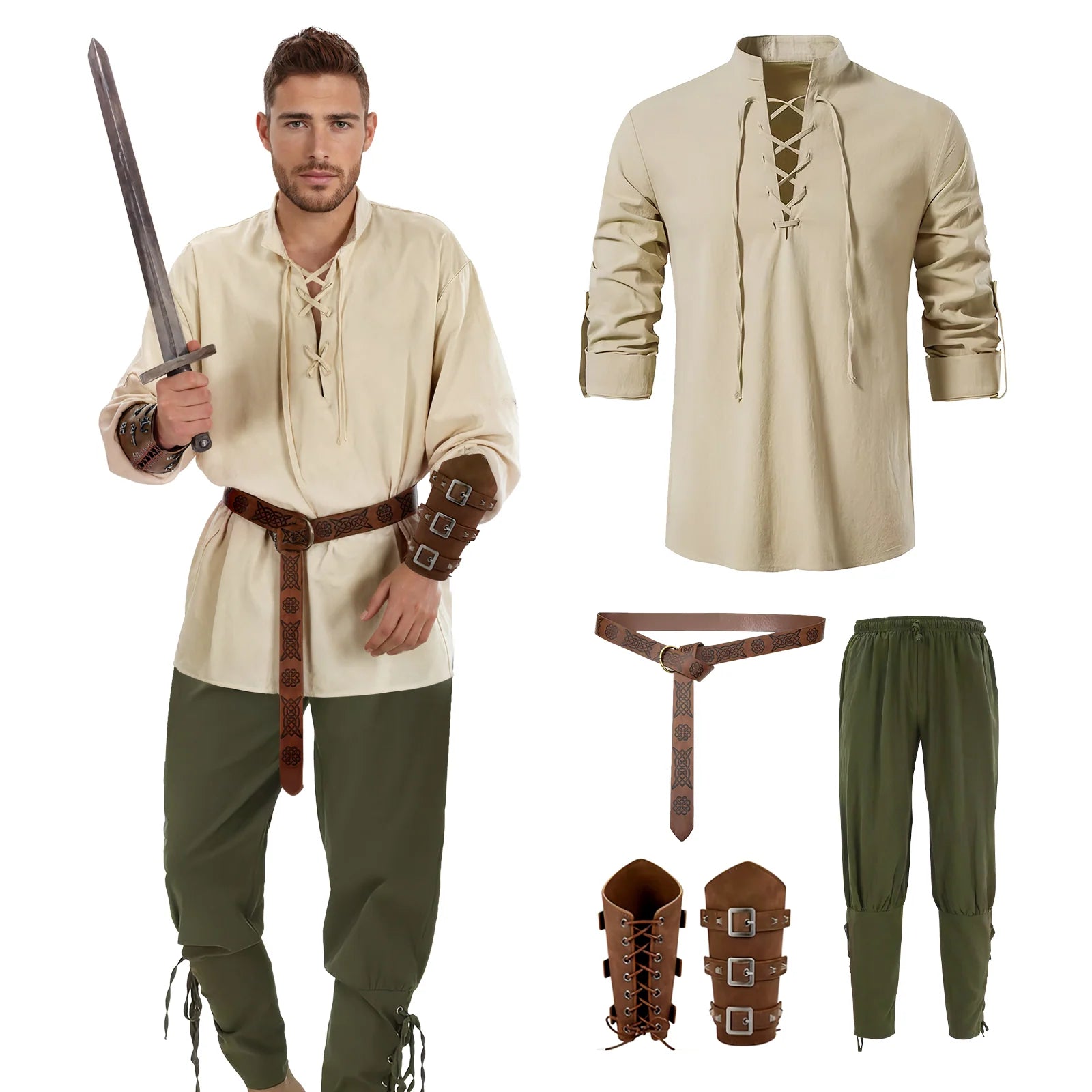 Pirate costume for men with khaki shirt and green pants, four-piece costume front view