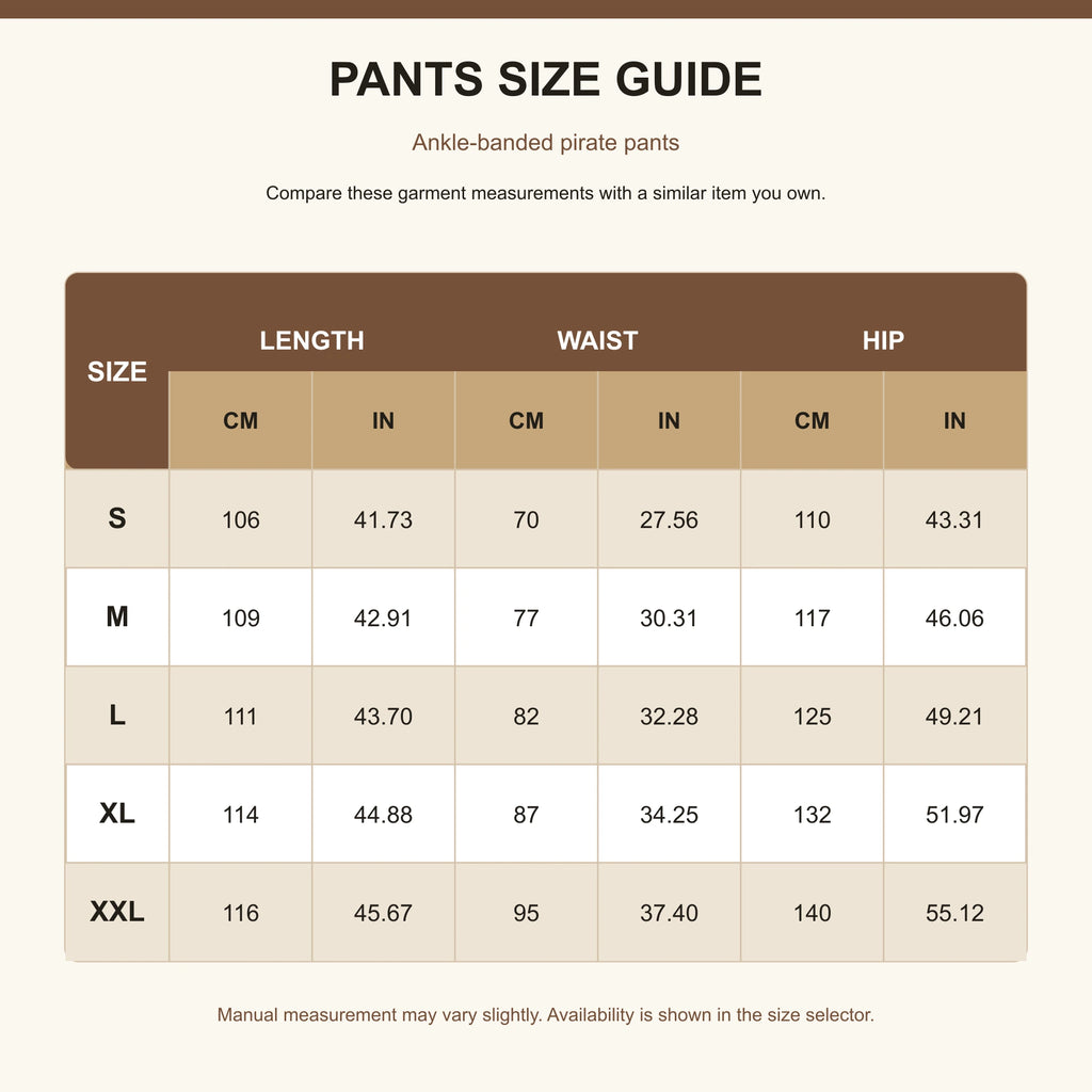 Men's pirate costume pants size guide in centimeters and inches