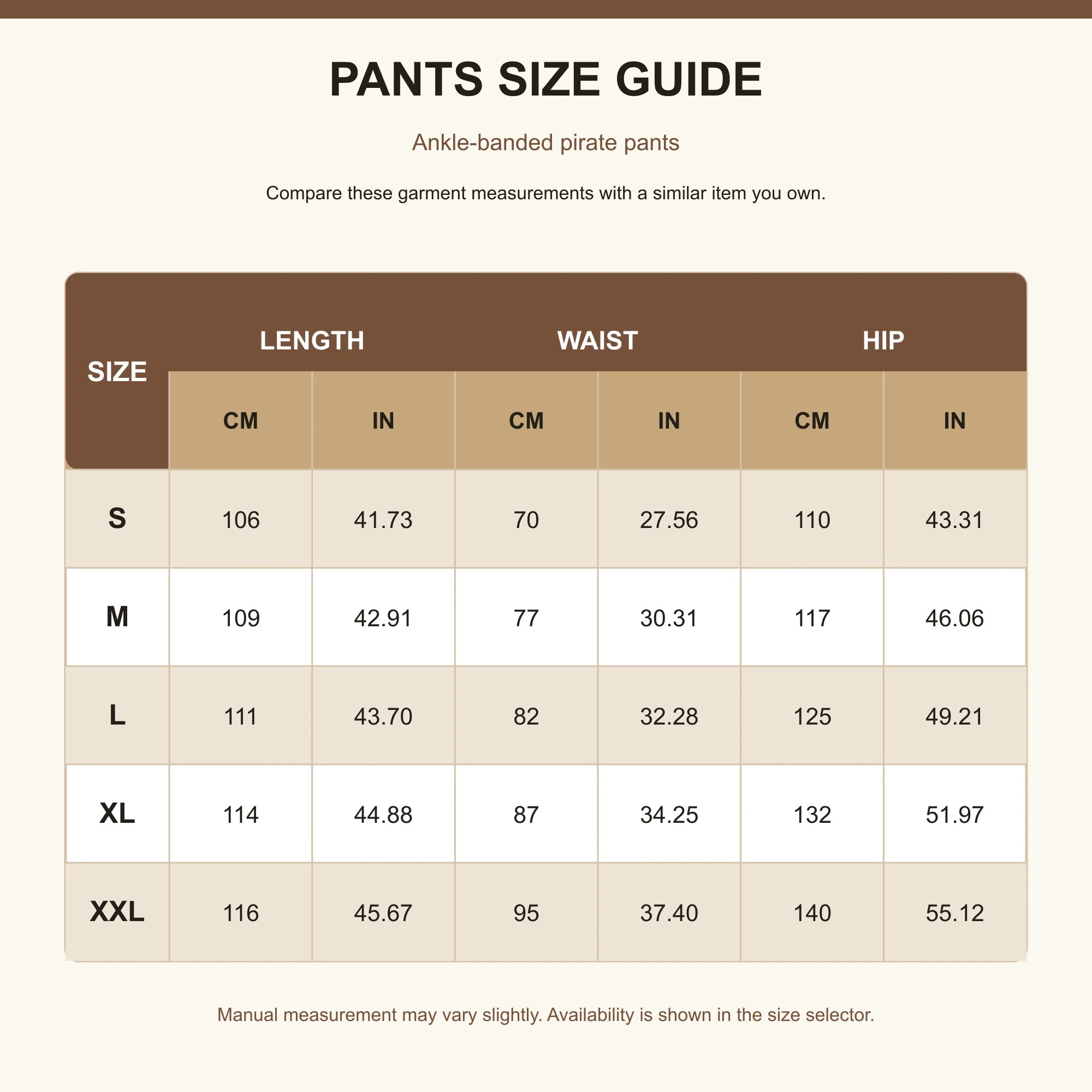 Men's pirate costume pants size guide in centimeters and inches