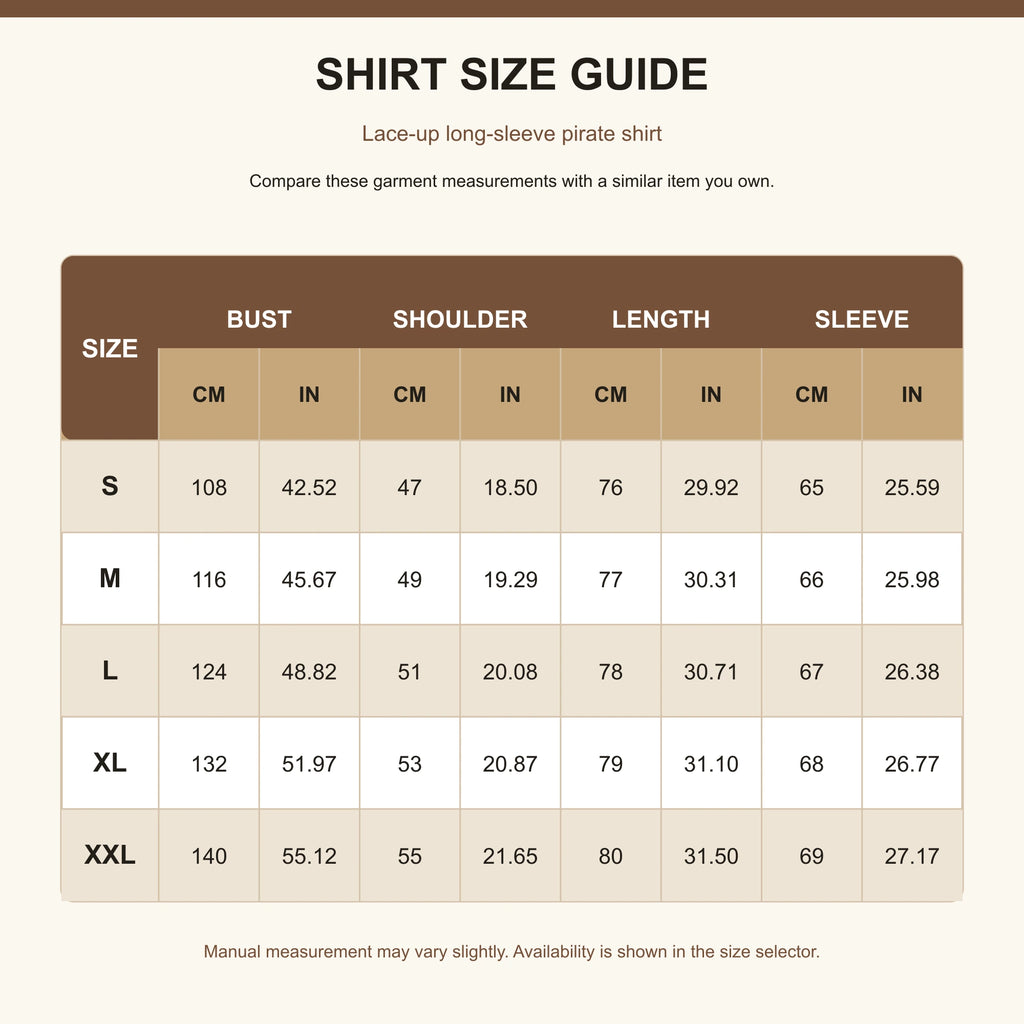 Men's pirate costume shirt size guide in centimeters and inches