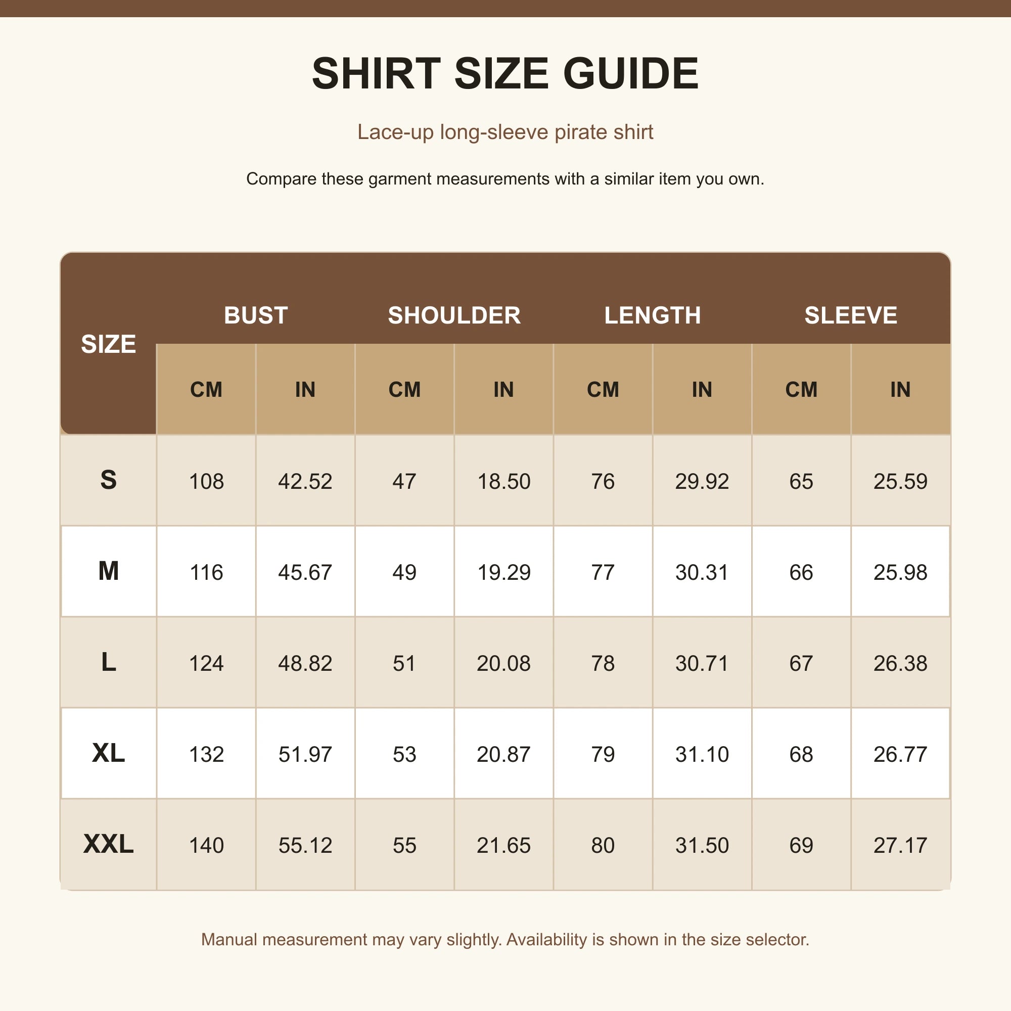 Men's pirate costume shirt size guide in centimeters and inches