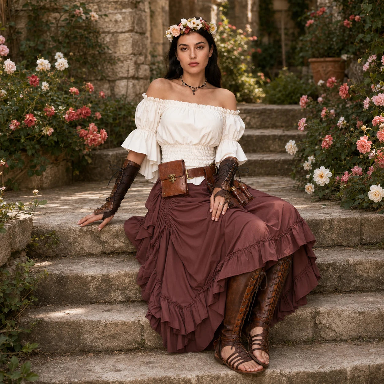 Chocolate brown pirate wench costume for women on a castle walkway