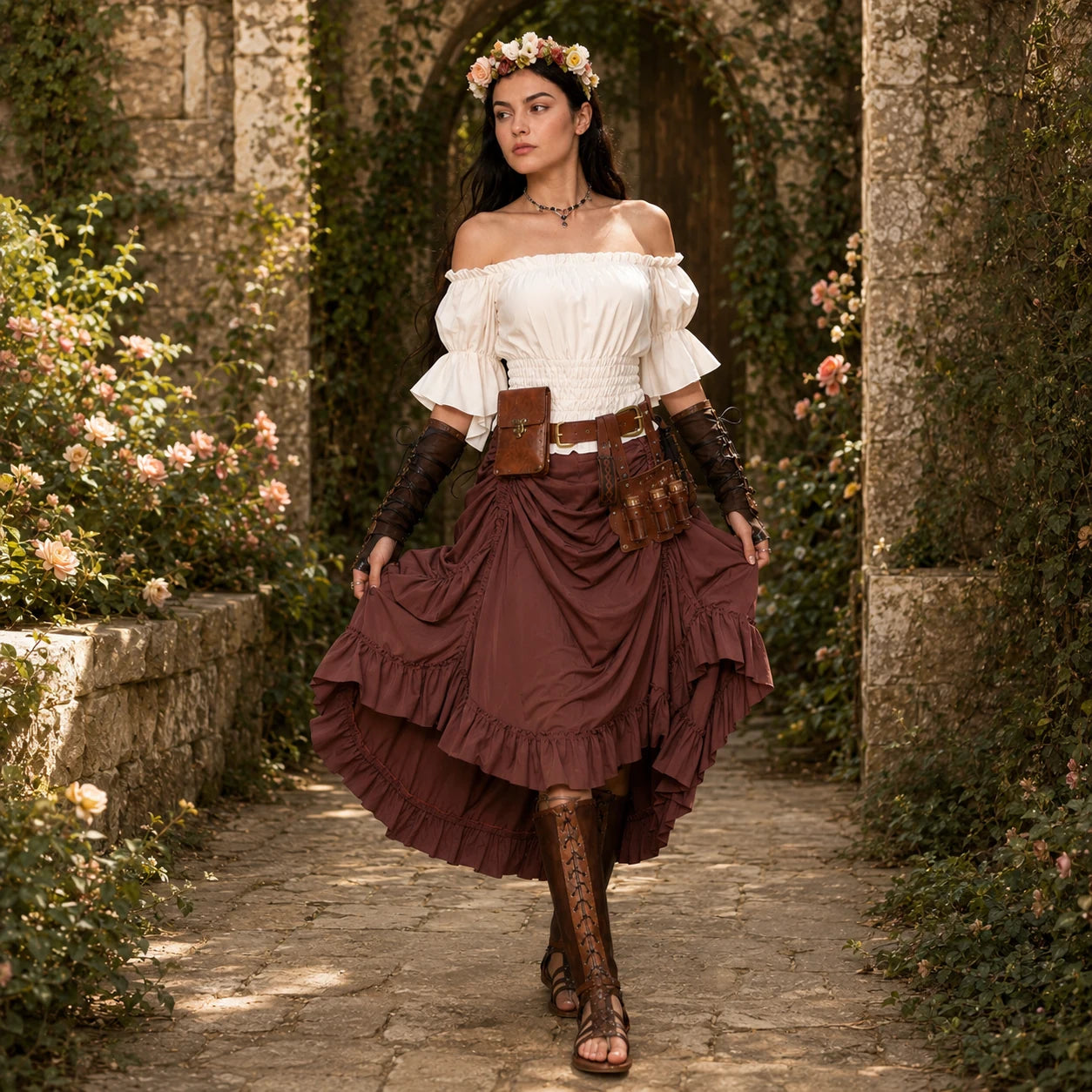 Full back lifestyle view of women's brown pirate wench costume