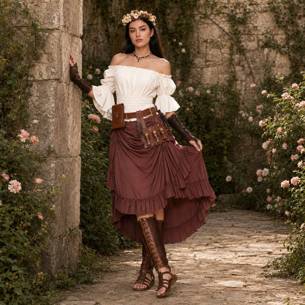 Full front lifestyle view of women's brown pirate wench costume set