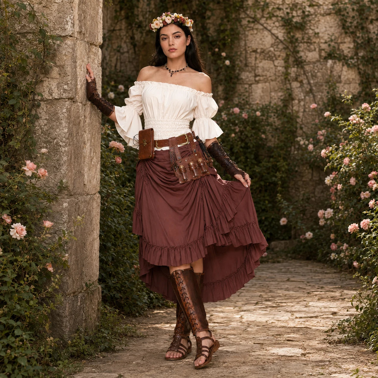 Full front lifestyle view of women's brown pirate wench costume set