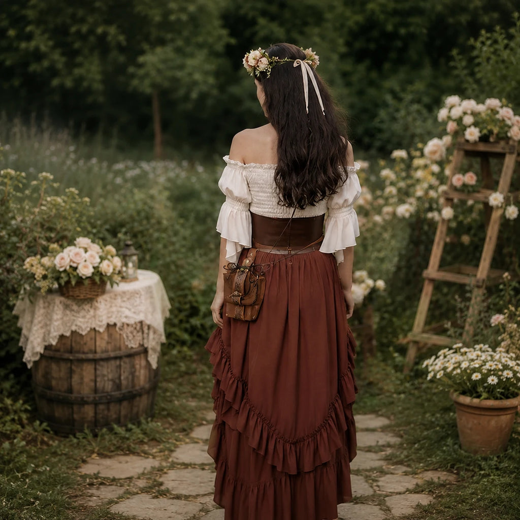 Women's brown ruffle skirt tavern costume in a garden setting