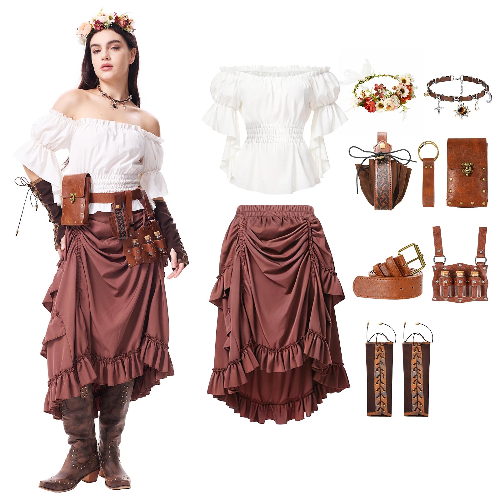 Pirate wench costumes for women in chocolate brown ten-piece set