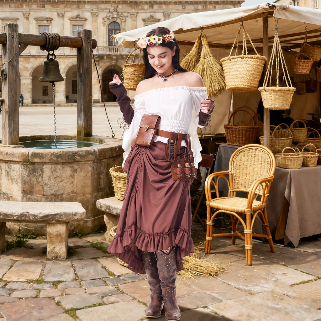 Women's brown pirate wench costume styled for a Renaissance fair