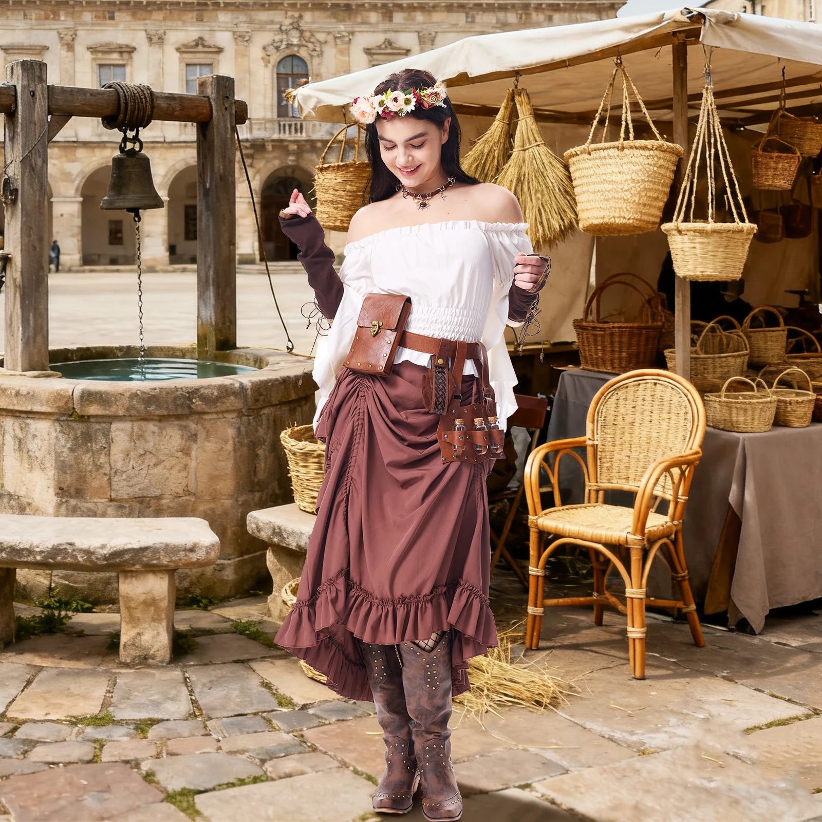 Women's brown pirate wench costume styled for a Renaissance fair