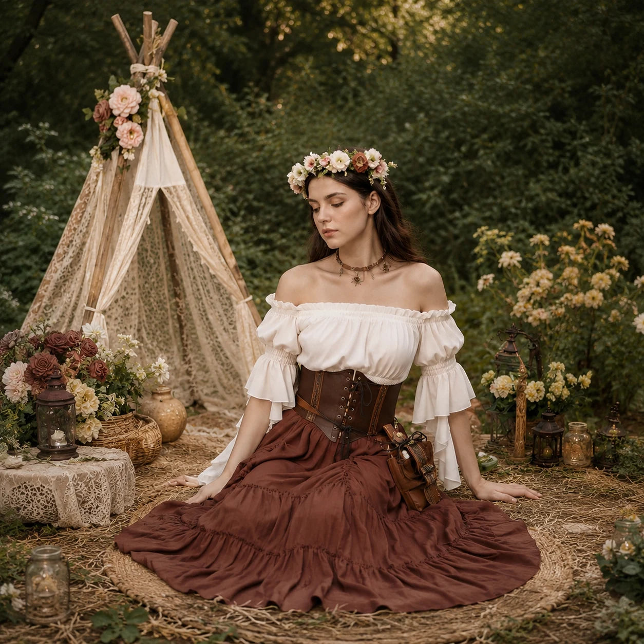 Woman in brown pirate wench costume posing in a stone courtyard