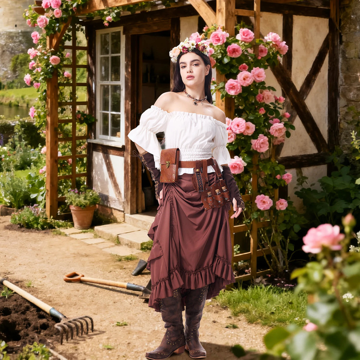 Woman wearing a modern chocolate brown tavern-style fantasy costume with layered skirt and accessories