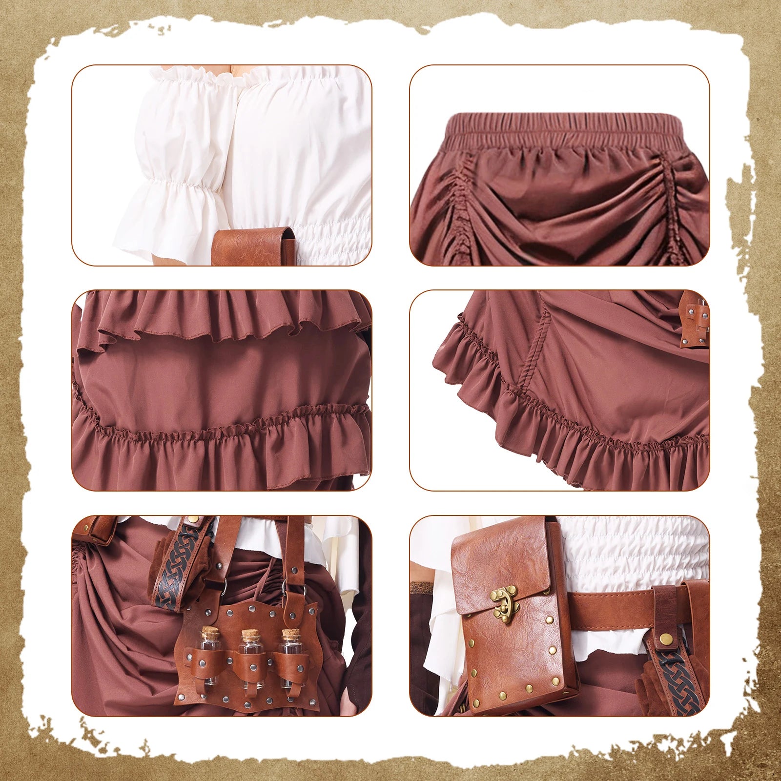 Polyester fabric smocking ruffles and faux leather accessory details