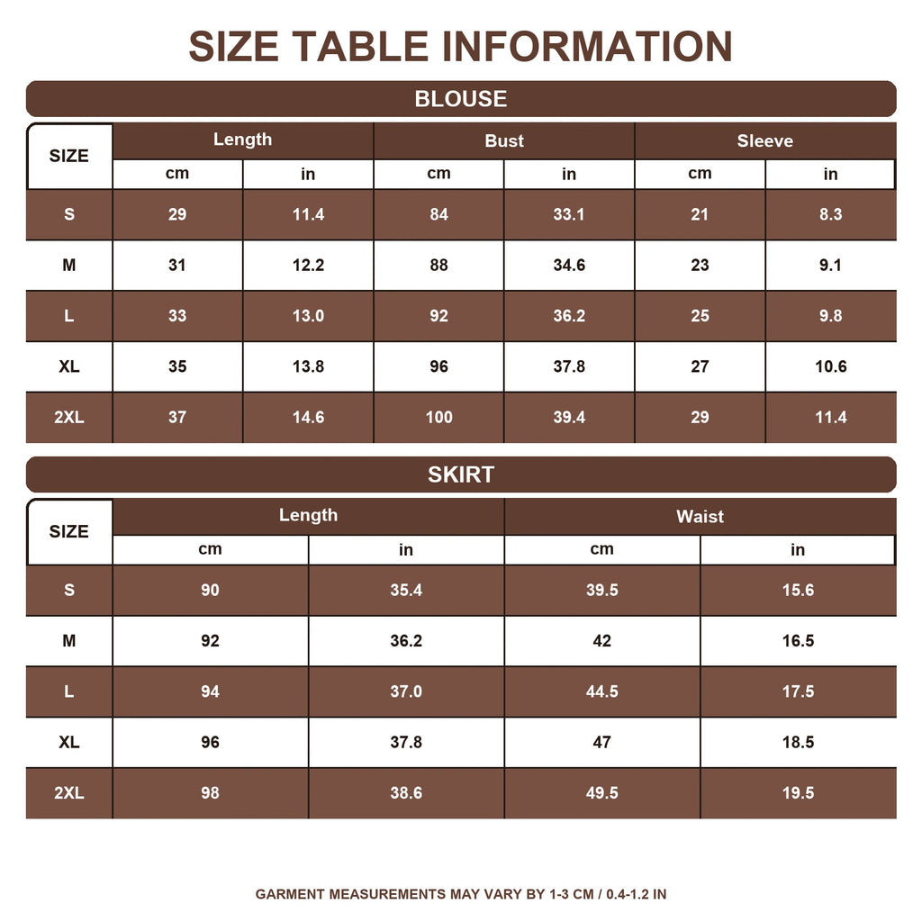 Size guide for women's pirate wench costume blouse and brown skirt
