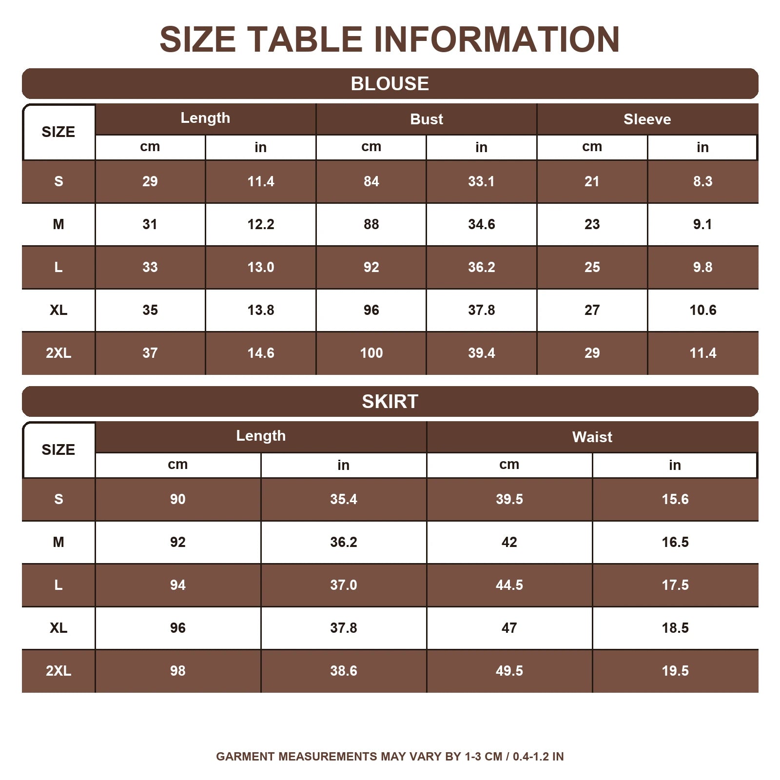 Size guide for women's pirate wench costume blouse and brown skirt